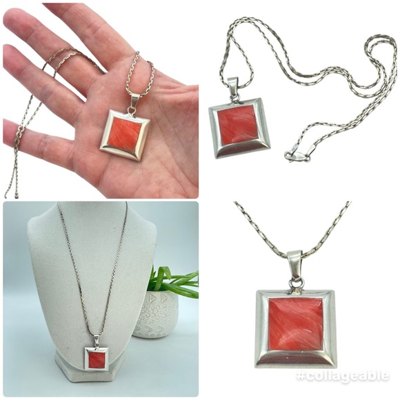 Vintage Silver Square Inlay Pendant Necklace & Chain | 925 Sterling Jewelry - Picture 1 of 15